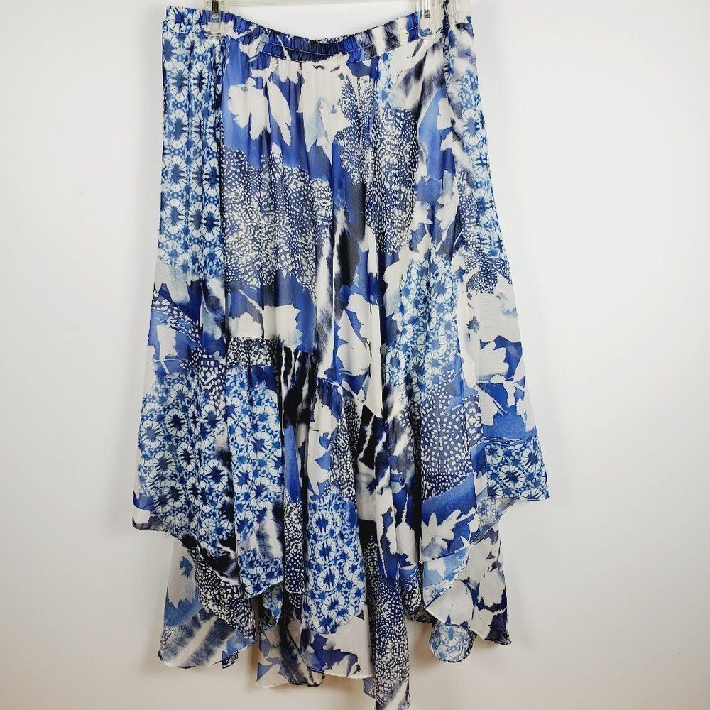 MAXI SKIRT (+ Slip) Asymmetrical Blue & White Abstract Floral Sz XL
